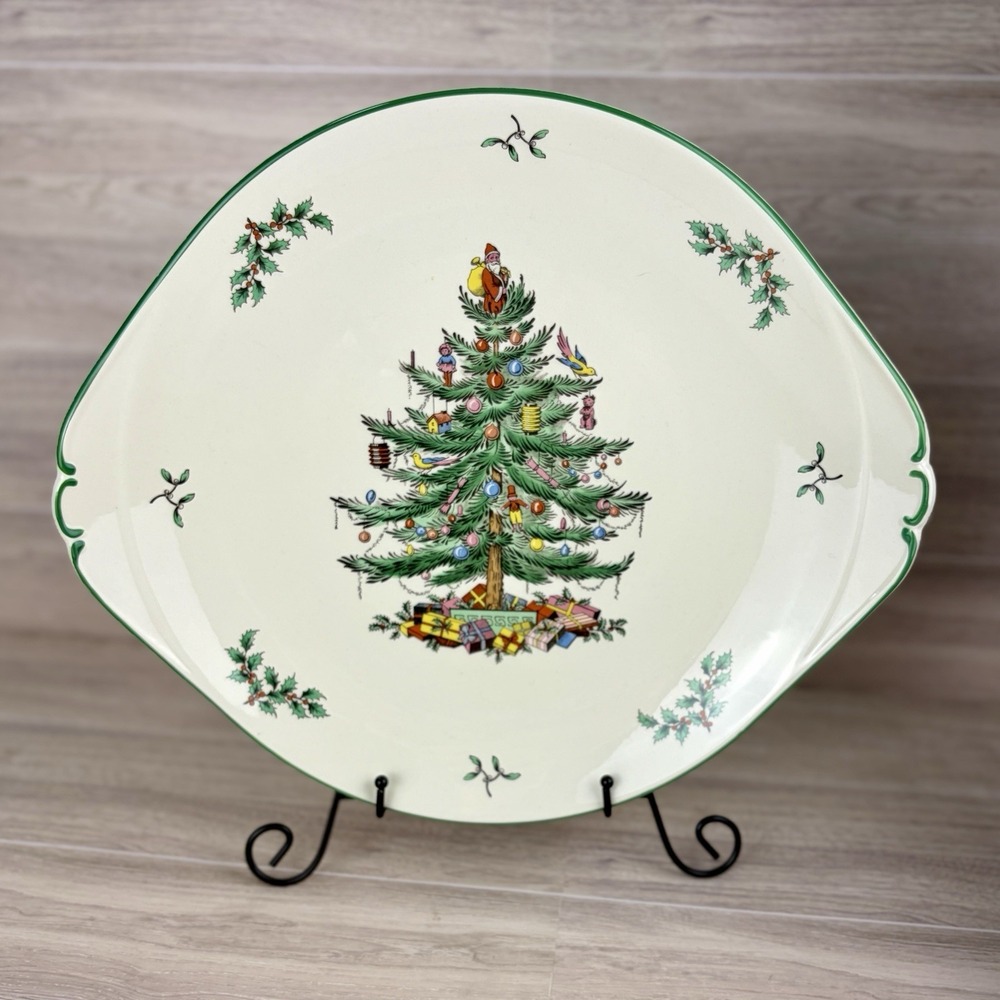 Spode Christmas Tree Cake Plate Tray Vintage Round Handled w/ Box S3324 England
